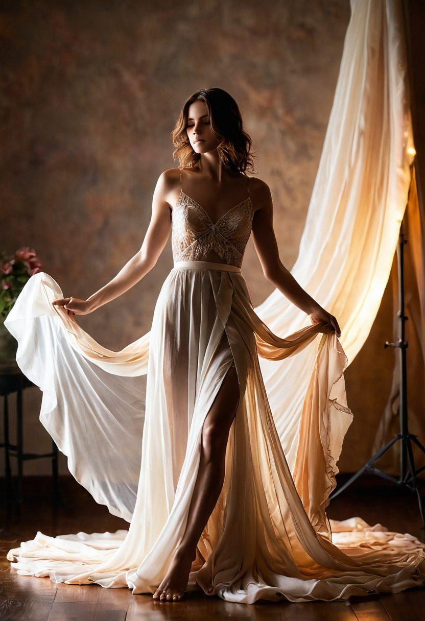 A dreamy, ethereal studio filled with soft, warm lighting showcasing a model in a sensual pose. Layers of flowing fabric billow around, while hints of artistic camera gear and creative tools are subtly placed in the background. The atmosphere is inviting and intimate, evoking a sense of passion for photography and art. A gentle mist enhances the mood, highlighting the model's graceful expression. soft-focus. super-realistic. warm colors. ethereal background.
