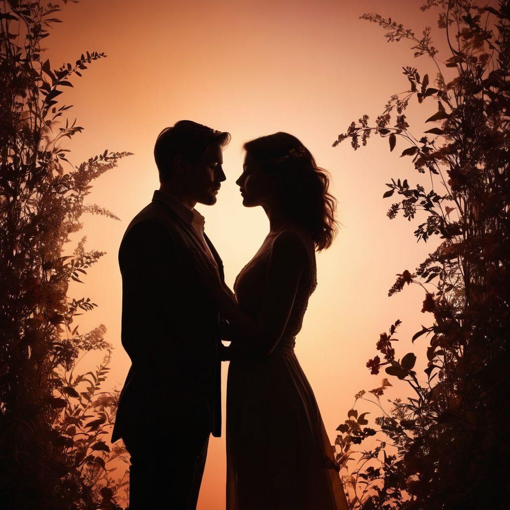 A dreamy, softly lit scene depicting two silhouettes intertwined, suggesting intimacy and desire, with delicate floral elements framed around them. The background features a warm gradient of romantic colors blending into twilight hues, symbolizing the convergence of intimacy and lust. Subtle, ethereal textures create a sense of fluidity and emotion. super-realistic. vibrant colors. dreamy atmosphere.